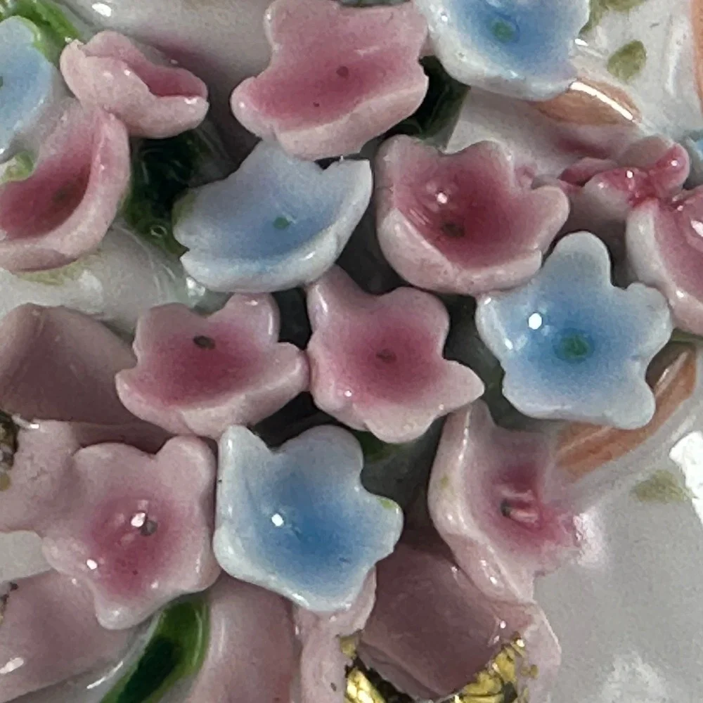 Vtg Lefton Pink Pouch Purse Vase Applied Flowers Forget-Me-Nots Gold Trim Mint